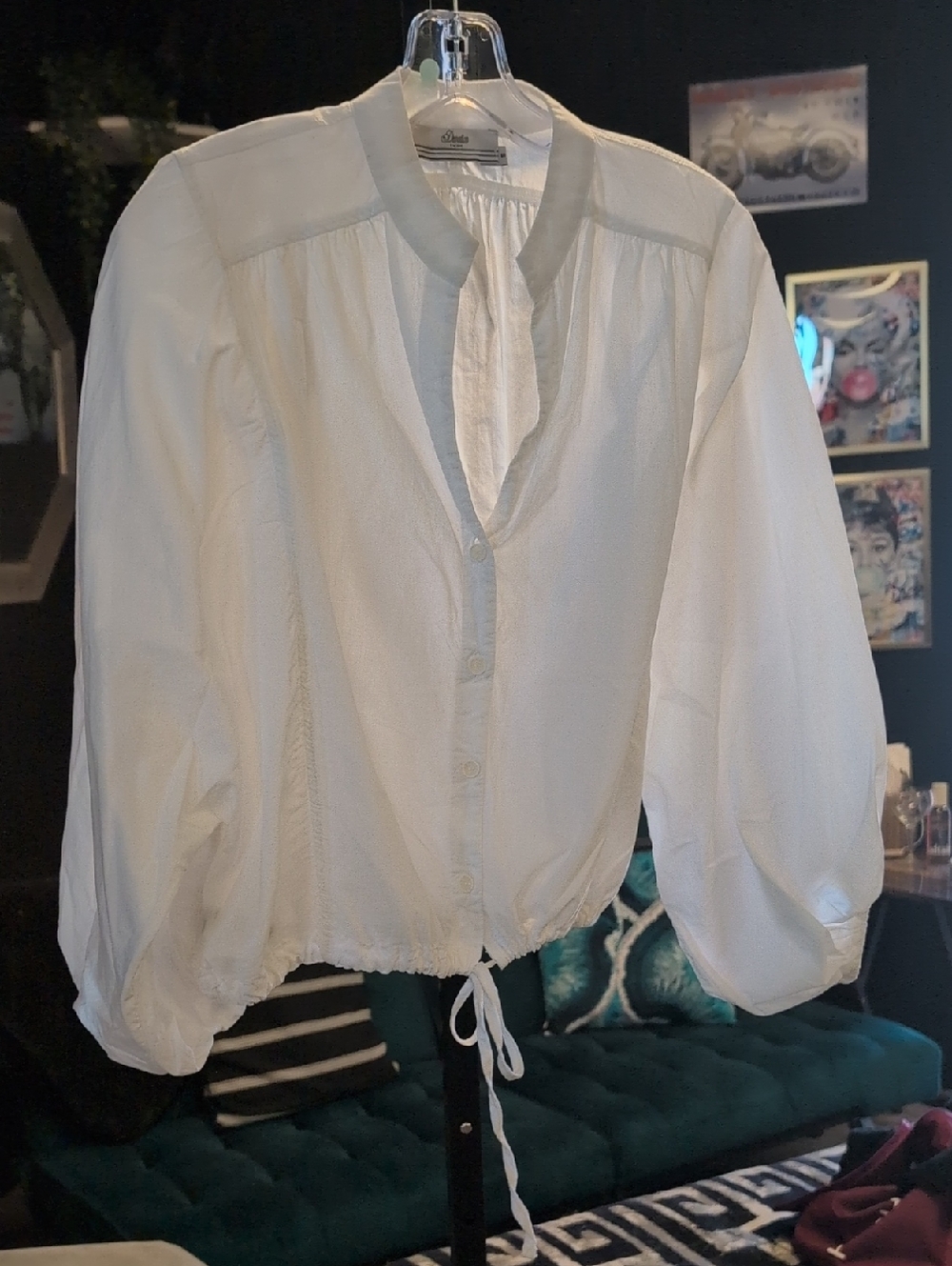 Women's White Button-Front Drawstring Blouse by